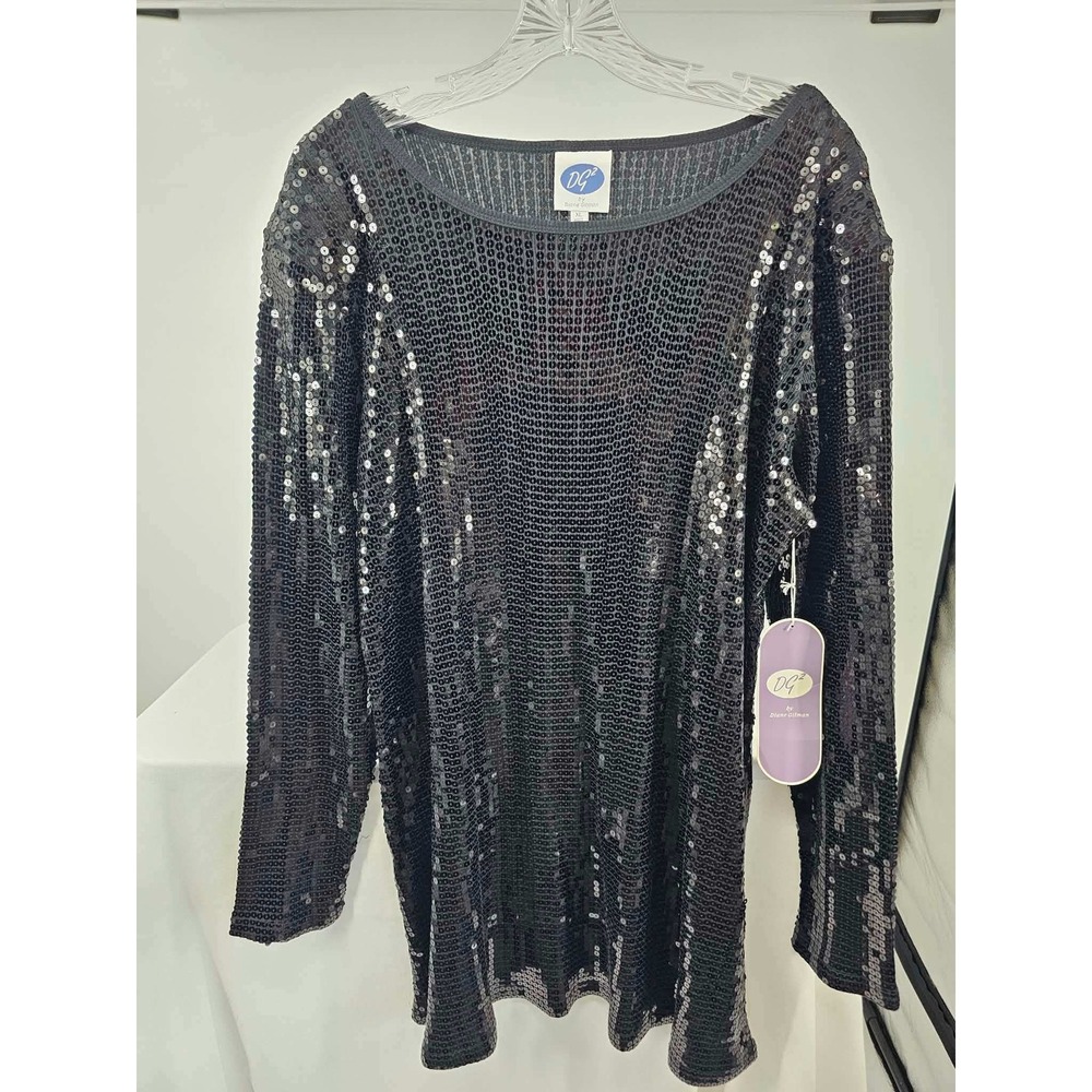 DG2 Diane Gilman Womens Black Sequin Long Sleeve Tunic Top 041051 XL NWT